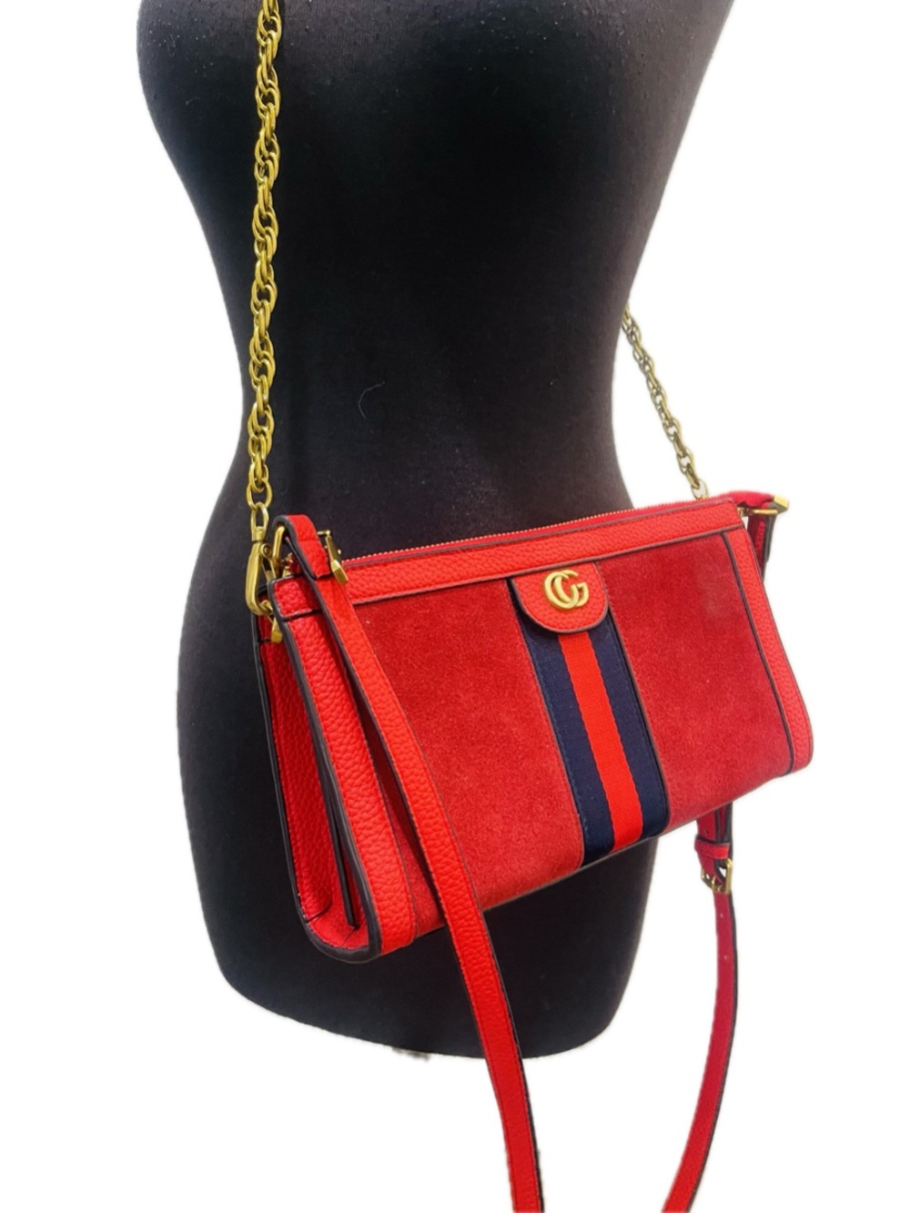 Vintage Red Suede Crossbody with Navy Stripe
